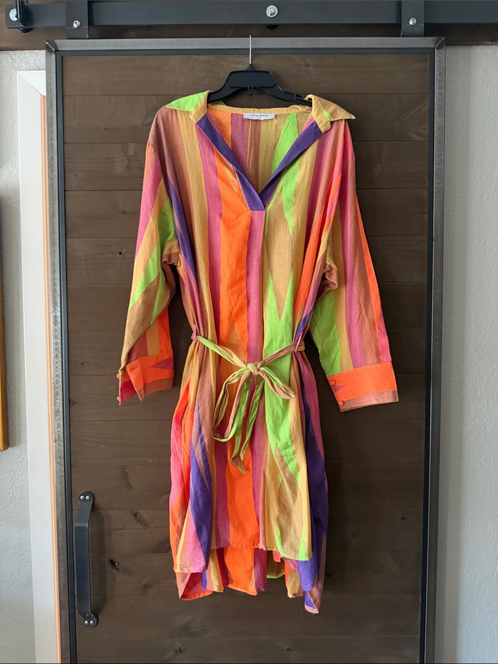Multicolor Neon Patterned Tie-Waist Long Sleeve Dress